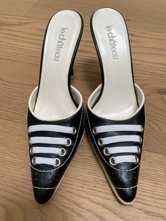 le chateau Shoes - le chateau Pointed Toe Mule Heels with Lace Detail